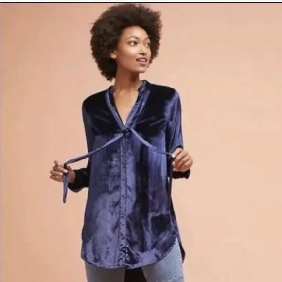 Mauve blue Tie Neck Button Down Hi Lo Tunic 4 - Picture 1 of 4